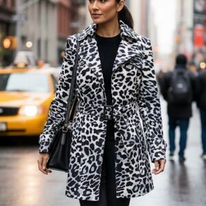 Cache Belted Mob wife Y2K Animal Print Leopard Lined Black Trenchcoat Medium